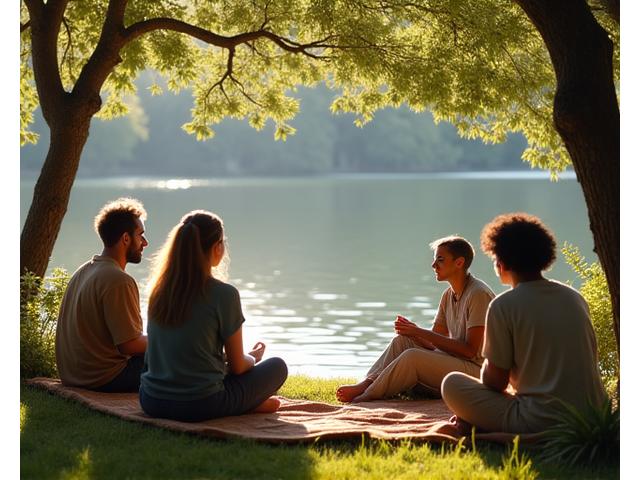 People engaging in discussion at a serene retreat location